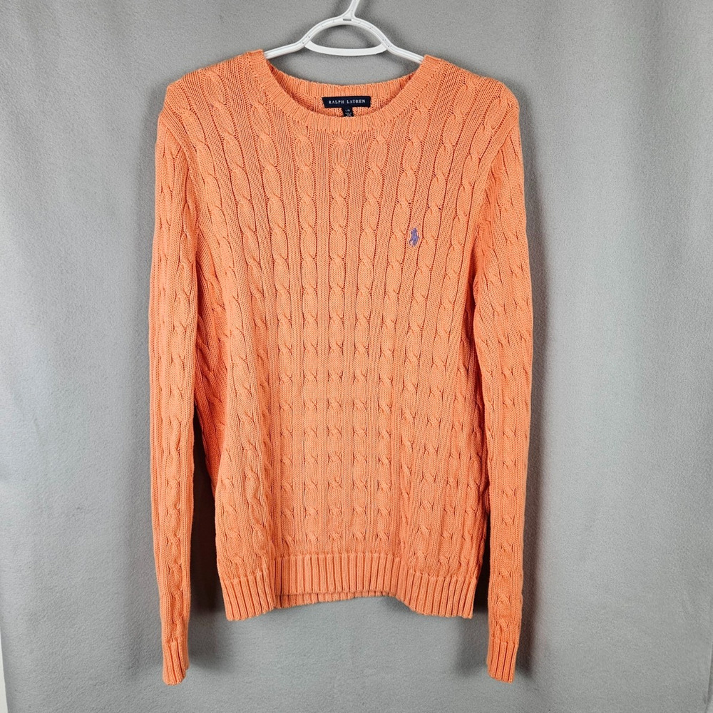 Vintage Ralph Lauren Cable Knit Sweater Womens L Orange 100% Cotton Pullover